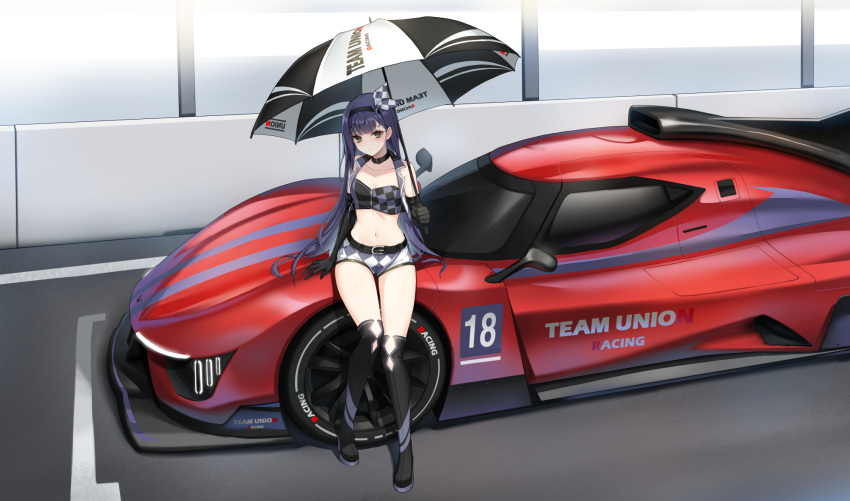 1girl bare_shoulders belt black_choker boots breasts car choker cleavage closed_mouth closers collarbone crop_top cropped_vest elbow_gloves eunha_(closers) full_body gloves green_eyes hairband highres holding holding_umbrella long_hair looking_at_viewer micro_shorts midriff motor_vehicle navel non-web_source official_art open_clothes open_vest purple_hair race_queen race_vehicle racecar shirt short_shorts shorts sitting sleeveless sleeveless_shirt small_breasts smile solo stomach thigh_boots thighs umbrella very_long_hair vest