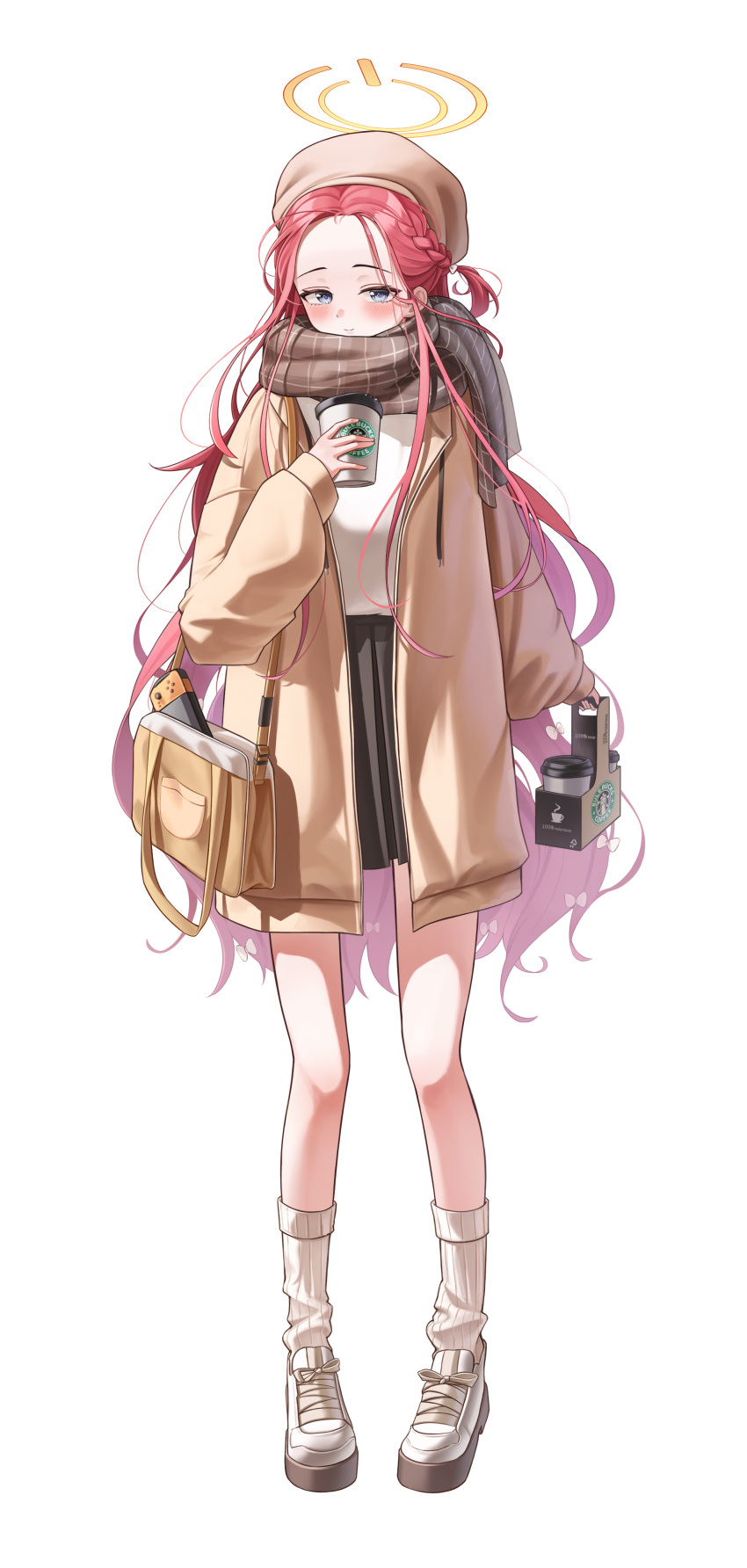 1girl absurdres alternate_costume beret blue_archive blush bow brown_headwear brown_jacket closed_mouth coffee_cup cup disposable_cup full_body grey_eyes hair_bow halo hat highres holding holding_cup jacket long_hair long_sleeves looking_at_viewer open_clothes open_jacket red_hair shoes simple_background smile socks solo starbucks tiokun7 white_background white_bow white_footwear white_socks yellow_halo yuzu_(blue_archive)