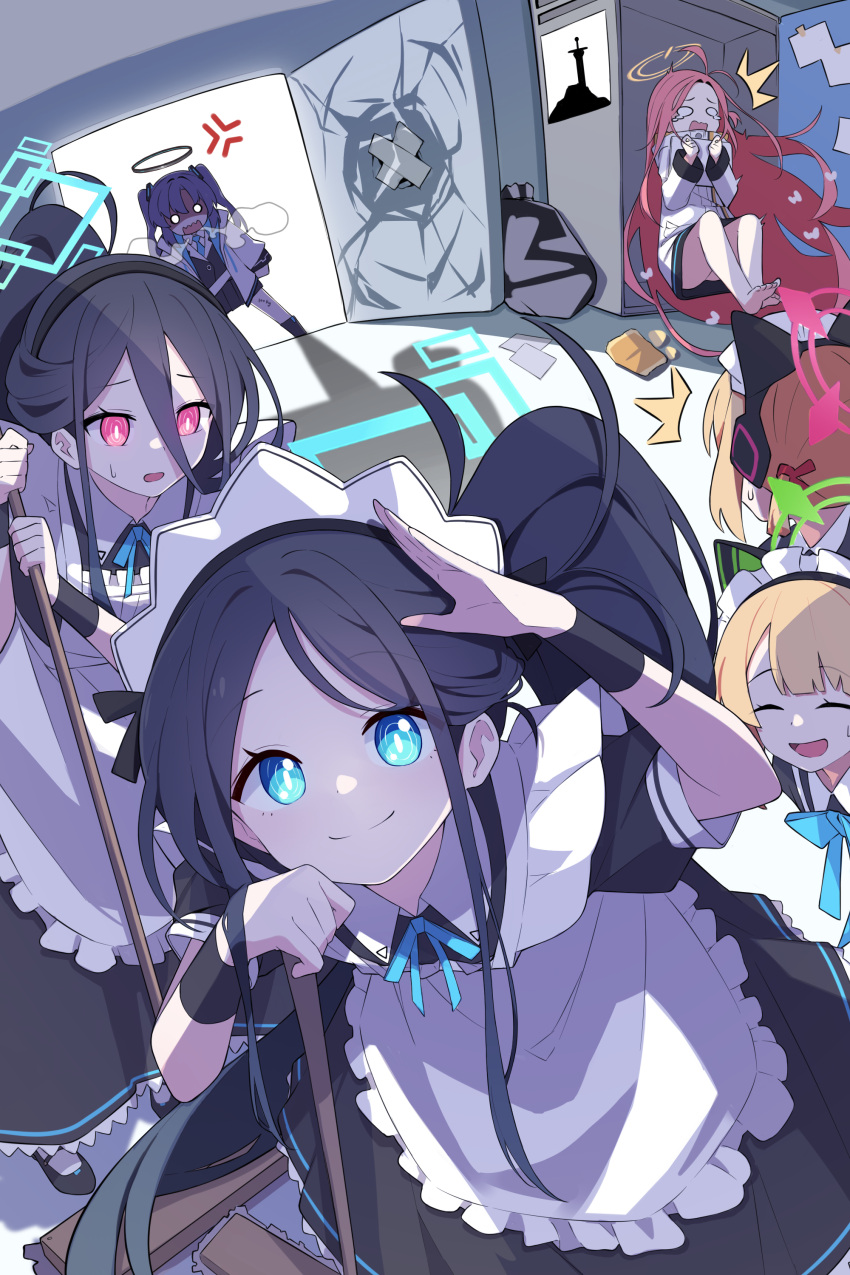 &lt;key&gt;_(blue_archive) 5girls ^^^ absurdly_long_hair absurdres anger_vein angry animal_ear_headphones animal_ears apron aris_(blue_archive) aris_(maid)_(blue_archive) black_dress black_hair black_skirt blonde_hair blue_archive blue_eyes blue_halo blue_necktie closed_mouth collared_shirt dress fake_animal_ears frilled_apron frills game_development_department_(blue_archive) green_halo halo headphones highres jacket long_hair long_sleeves looking_at_viewer maid maid_headdress mechanical_halo midori_(blue_archive) midori_(maid)_(blue_archive) mmhomm momoi_(blue_archive) momoi_(maid)_(blue_archive) mop multiple_girls necktie official_alternate_costume open_mouth pink_halo pleated_skirt puffy_short_sleeves puffy_sleeves red_eyes red_hair ringed_eyes shaded_face shirt short_hair short_sleeves skirt smile suit very_long_hair white_apron white_jacket white_shirt yellow_halo yuuka_(blue_archive) yuzu_(blue_archive)