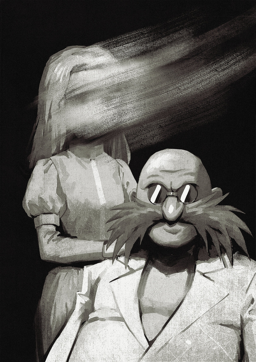 1boy 1girl absurdres bald black_background commentary dress english_commentary facial_hair family_portrait gerald_robotnik glasses grandfather_and_granddaughter hand_on_another's_shoulder highres hyeon_sonic juliet_sleeves lab_coat long_hair long_sleeves looking_at_viewer maria_robotnik monochrome mustache puffy_sleeves smudge sonic_(series) sonic_adventure_2 turtleneck_dress