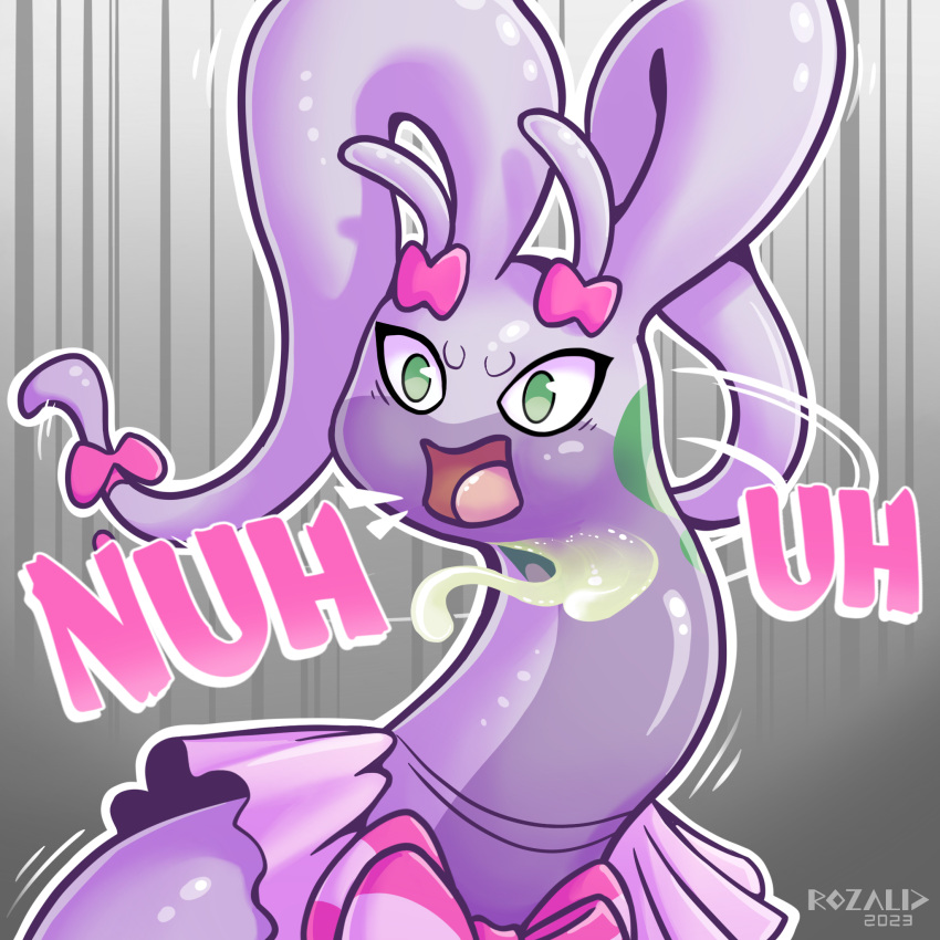 angry anthro clothed clothing colored english_text expressions female generation_6_pokemon glistening glistening_body goodra green_eyes hi_res meme mugu_(goodra) nintendo open_mouth pokemon pokemon_(species) purple_body rozalid shocked slime solo text yelling