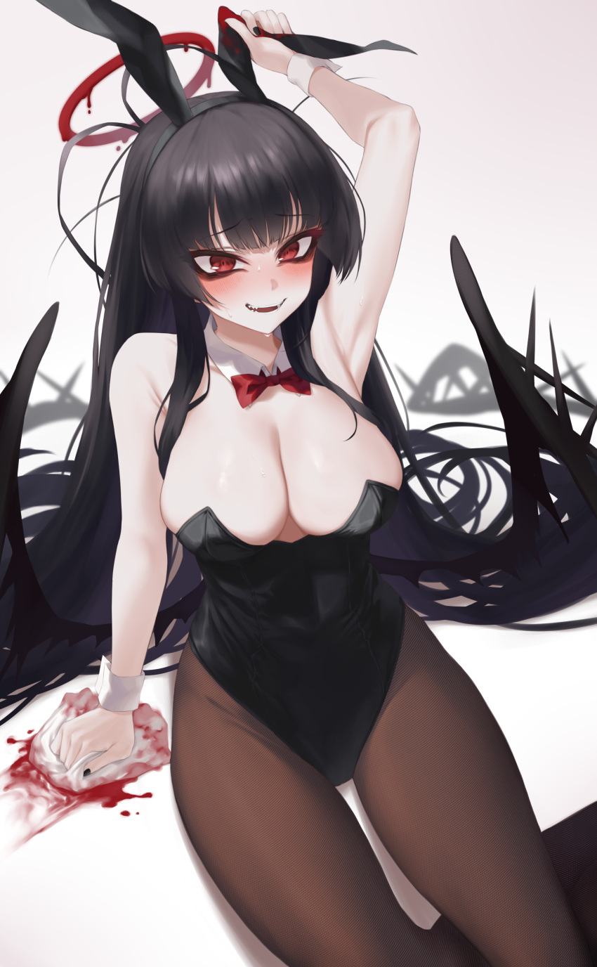 1girl absurdres alternate_costume animal_ears antenna_hair arm_up armpits bags_under_eyes black_hair black_leotard black_wings blood blue_archive blush bow bowtie breasts brown_pantyhose ckhd cleavage detached_collar fake_animal_ears feathered_wings fingernails halo highres holding_rag large_breasts leotard long_hair looking_at_viewer melting_halo nail_polish pantyhose playboy_bunny rabbit_ears red_bow red_bowtie red_eyes red_halo simple_background solo strapless strapless_leotard sweatdrop tsurugi_(blue_archive) very_long_hair white_background wings wrist_cuffs