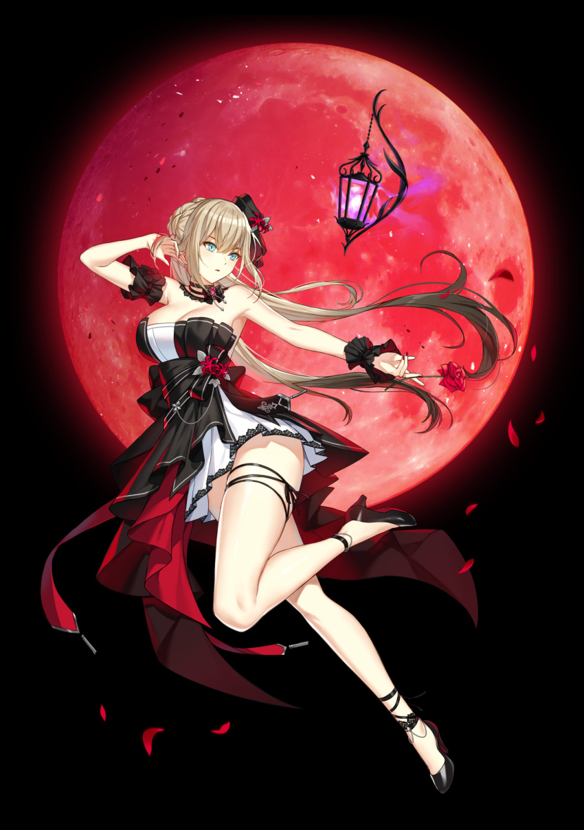 1girl arm_garter arm_up armpits bare_shoulders black_background black_choker black_dress black_footwear black_hair blonde_hair breasts choker cleavage closers dress floating_hair full_body gradient_hair harpy_(closers) high_heels highres lantern large_breasts leg_up long_hair moon multicolored_hair non-web_source official_art open_mouth outstretched_arm red_moon short_dress solo strapless strapless_dress thighs two-tone_dress two-tone_hair white_dress