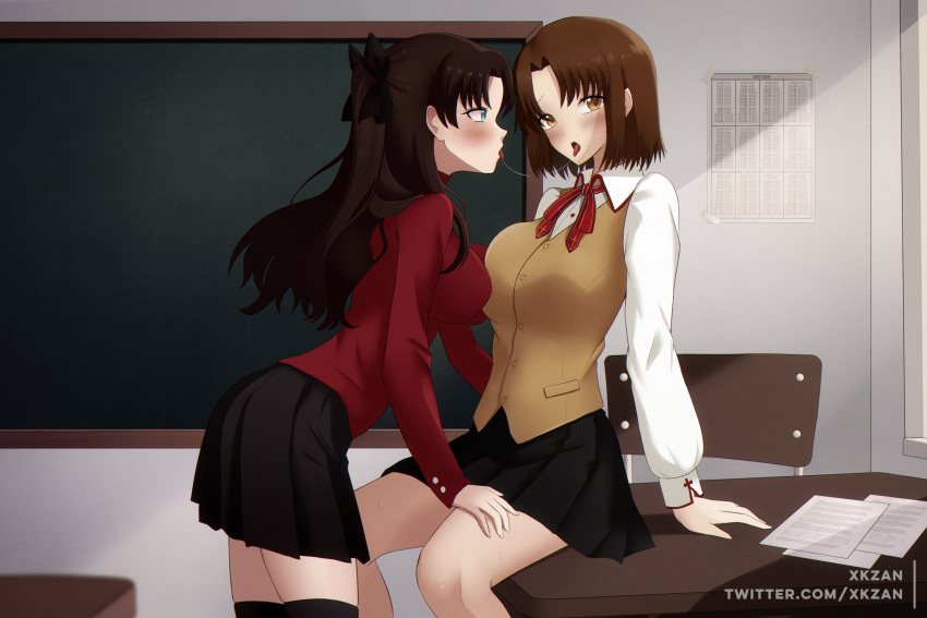 absurdres after_kiss black_hair blue_eyes blush breasts brown_eyes brown_hair chalkboard commentary commission desk english_commentary fate/stay_night fate_(series) hand_on_another's_thigh highres homurahara_academy_school_uniform large_breasts medium_breasts mitsuzuri_ayako on_desk red_shirt saliva saliva_trail school_desk school_uniform second-party_source shirt short_hair sitting sitting_on_desk skirt thighhighs tohsaka_rin tongue tongue_out twintails xkzan yuri zettai_ryouiki