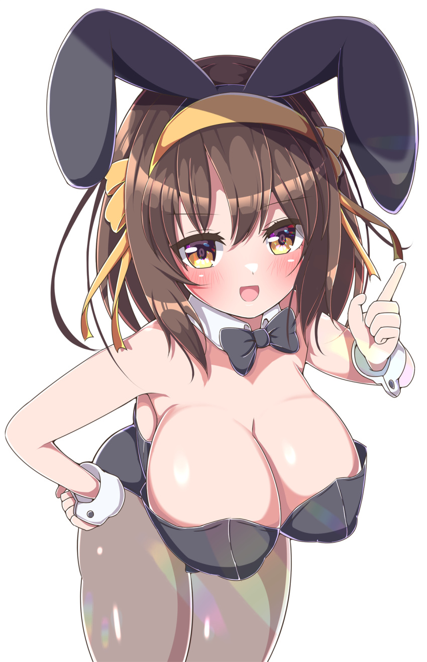 1girl animal_ears asage_(asgsn) black_leotard blush bow bowtie breasts brown_eyes brown_hair cleavage detached_collar fake_animal_ears hair_ribbon highres large_breasts leotard looking_at_viewer open_mouth pantyhose playboy_bunny rabbit_ears ribbon short_hair simple_background smile solo strapless strapless_leotard suzumiya_haruhi suzumiya_haruhi_no_yuuutsu white_background wrist_cuffs