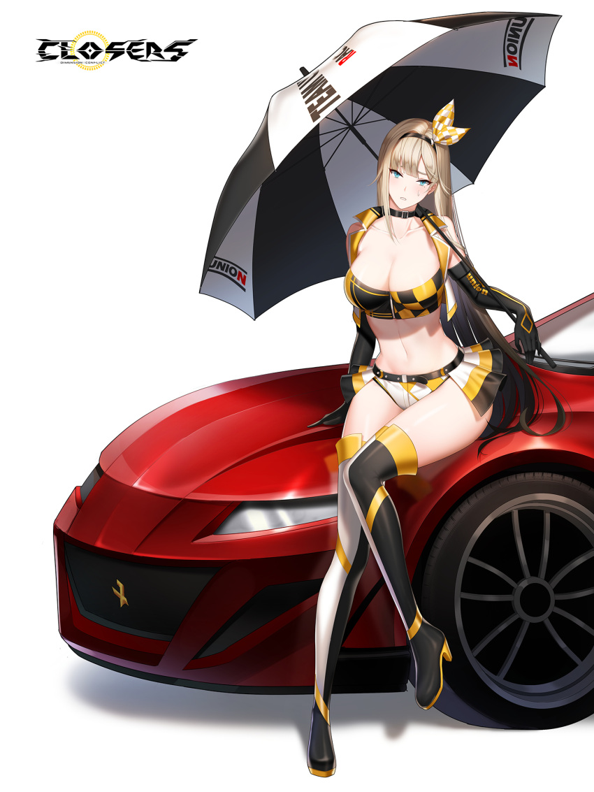 1girl arm_support bare_shoulders belt black_hair blonde_hair boots breasts car choker cleavage closers collarbone crop_top cropped_vest elbow_gloves frown full_body gloves gradient_hair green_eyes hairband harpy_(closers) high_heel_boots high_heels highres holding holding_umbrella large_breasts long_hair looking_at_viewer midriff miniskirt motor_vehicle multicolored_hair navel non-web_source official_art on_vehicle open_clothes parted_lips race_queen showgirl_skirt sitting sitting_on_car skirt sleeveless solo stomach sweatdrop thigh_boots thighhighs thighs two-tone_hair umbrella very_long_hair vest