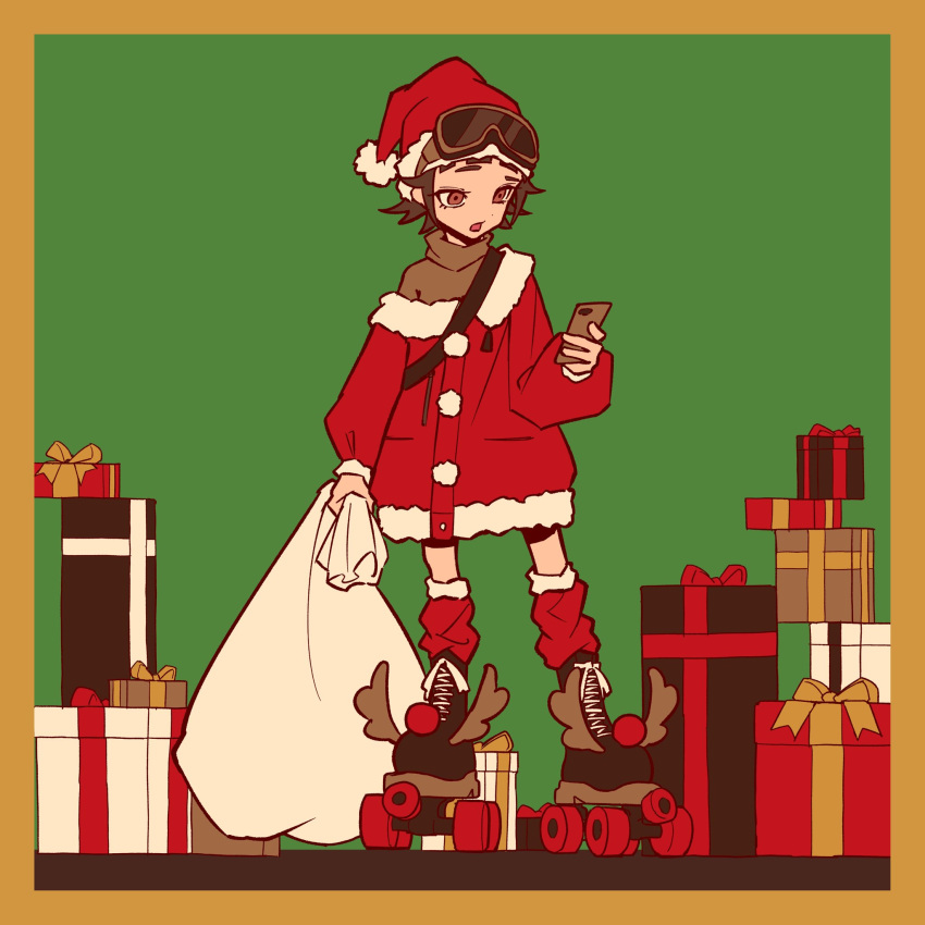 1girl bag cellphone commentary_request full_body gaako_illust gift goggles green_background green_sweater hat highres holding holding_bag holding_phone open_mouth original phone roller_skates santa_costume santa_hat short_hair skates ski_goggles smartphone solo standing sweater