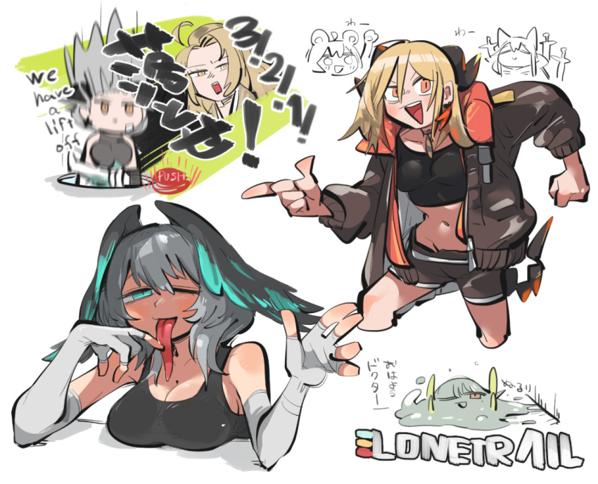 ! ahoge arknights black_hair blonde_hair breasts character_request cleavage english_text ho'olheyak_(arknights) ifrit_(arknights) jacket long_tongue midriff muelsyse_(arknights) multicolored_hair open_mouth streaked_hair tagme tank_top tirarizun tongue tongue_out yellow_eyes