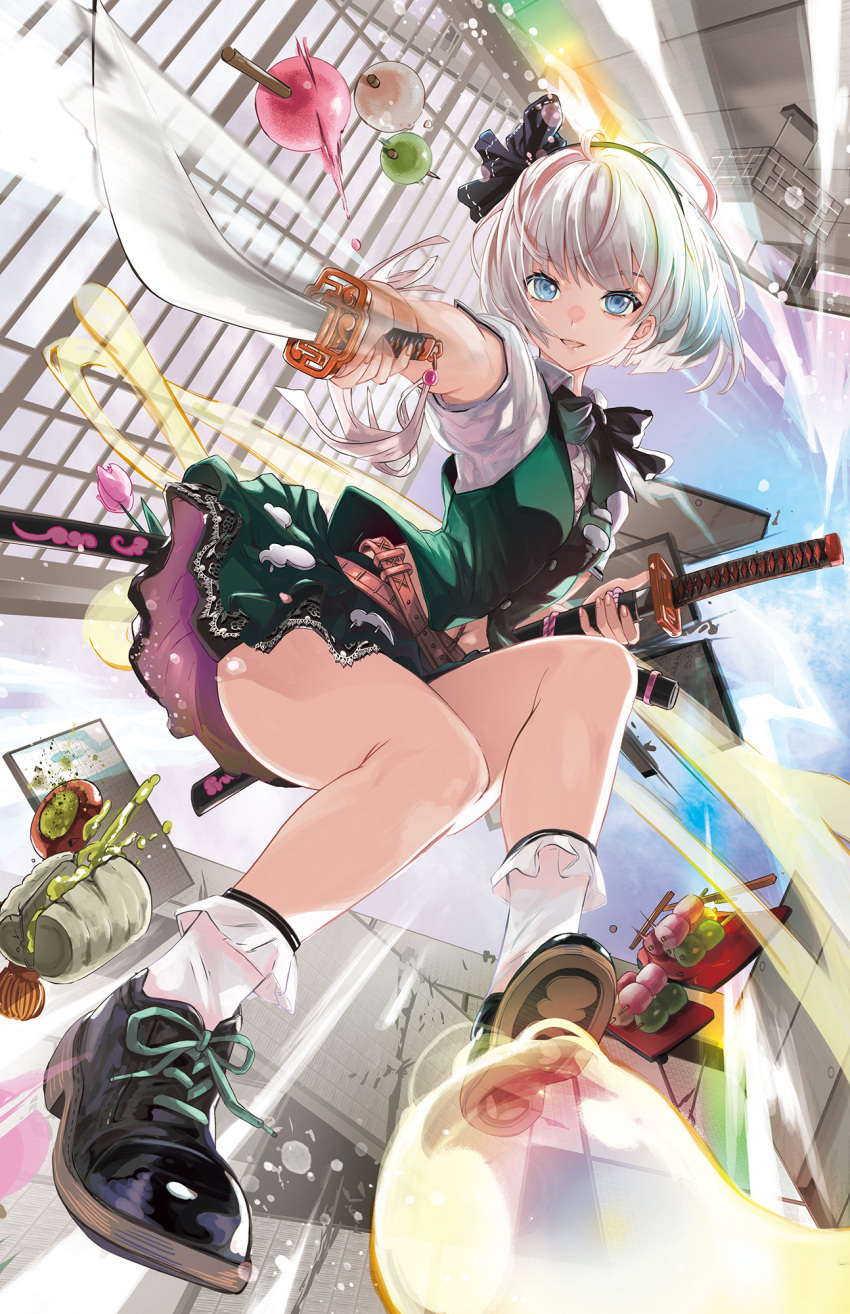 1girl architecture belt black_footwear black_hairband blue_eyes crossed_belts cup dango east_asian_architecture food green_jacket green_skirt hairband highres holding holding_sword holding_weapon jacket konpaku_youmu konpaku_youmu_(ghost) l.f. looking_at_viewer plate shirt shoelaces shouji skirt sliding_doors socks spilling sword touhou wagashi weapon white_hair white_shirt white_socks