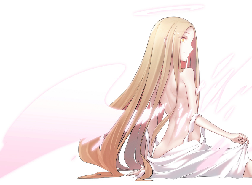 1girl angel angel_notes angel_wings bare_back bare_shoulders blonde_hair clothes_lift dress halo highres long_hair looking_at_viewer simple_background skirt skirt_hold sundress type-moon v/v very_long_hair white_background white_dress wings yellow_eyes yubeshi_(zecxl)