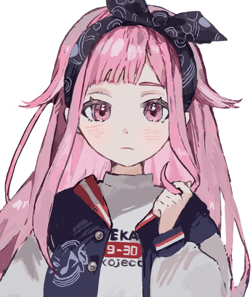 1girl black_hairband blue_jacket blush bow_hairband closed_mouth dot_nose frown hairband hand_up highres holding_own_hair inu_totemo jacket letterman_jacket long_hair long_sleeves looking_at_viewer ootori_emu open_clothes open_jacket parted_bangs pink_eyes pink_hair portrait print_shirt project_sekai puffy_long_sleeves puffy_sleeves shirt sidelocks solo straight-on straight_hair turtleneck_shirt white_shirt