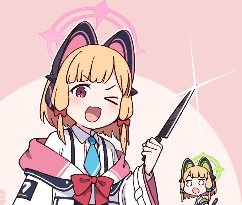 2girls animal_ear_headphones animal_ears blonde_hair blue_archive blue_bow blue_necktie blush bow cat_tail collared_shirt commentary death_momoi_(meme) fake_animal_ears green_halo hair_bow halo headphones holding holding_knife jacket knife long_sleeves meme midori_(blue_archive) momoi_(blue_archive) multiple_girls nako775 necktie one_eye_closed open_mouth pink_halo red_bow red_eyes shirt short_hair siblings sisters smile tail twins white_jacket white_shirt wide_sleeves