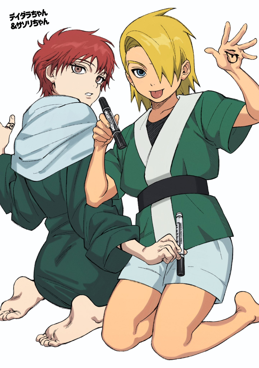 2boys :p aged_down bare_arms barefoot blonde_hair blue_eyes bodypaint brown_eyes child deidara_(naruto) green_kimono green_robe hair_over_one_eye hand_up hands_up highres holding holding_pen japanese_clothes kimono kneeling long_sleeves looking_back male_focus multiple_boys naruto_(series) naruto_shippuuden one_eye_covered pen robe sash sasori_(naruto) short_hair short_sleeves shorts side-by-side simple_background sitting soles tongue tongue_out umkaqryi wariza white_background white_shorts