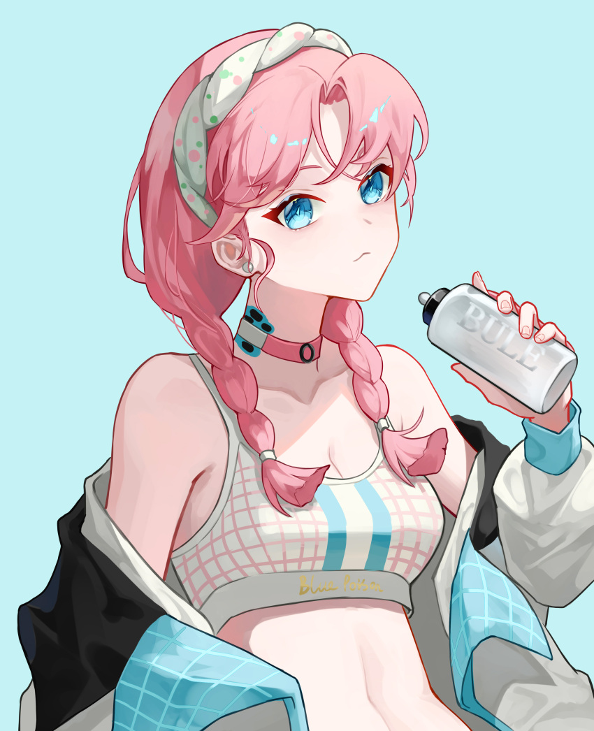 1girl absurdres arknights bare_shoulders blue_background blue_eyes blue_poison_(arknights) blue_poison_(shoal_beat)_(arknights) bottle braid choker commentary_request crop_top earrings fenglansishui hairband highres holding holding_bottle jacket jewelry long_hair looking_at_viewer midriff navel off_shoulder open_clothes open_jacket pink_choker pink_hair simple_background solo spaghetti_strap sports_bra stomach twin_braids upper_body white_hairband white_jacket