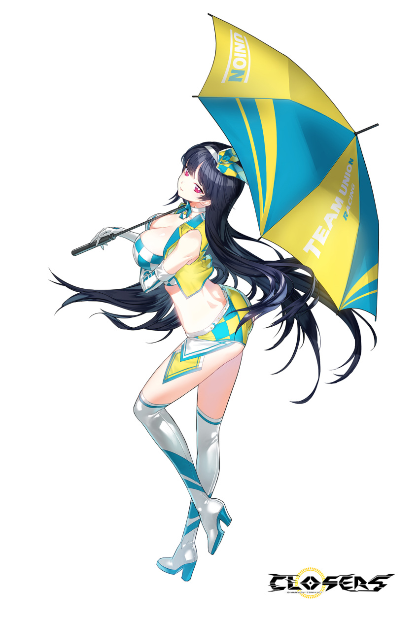 1girl alternate_color ass bare_shoulders black_hair boots breasts choker cleavage closers crop_top cropped_vest elbow_gloves full_body gloves high_heel_boots high_heels highres holding holding_umbrella large_breasts long_hair looking_at_viewer looking_back micro_shorts midriff mirae_(closers) non-web_source official_art open_clothes race_queen red_eyes shorts sleeveless solo thigh_boots thighhighs thighs umbrella very_long_hair vest