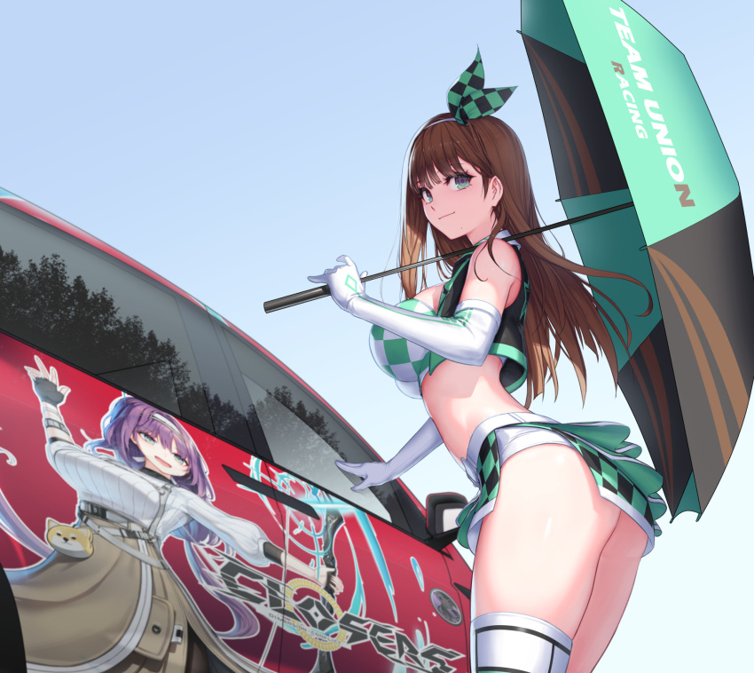 1girl aeri_(closers) aqua_eyes arched_back ass bare_shoulders breasts brown_hair car closed_mouth closers cowboy_shot crop_top cropped_vest elbow_gloves from_side gloves green_shirt green_skirt hairband highres holding holding_umbrella large_breasts leaning_forward long_hair looking_at_viewer looking_to_the_side midriff miniskirt mole mole_under_mouth motor_vehicle non-web_source official_art open_clothes open_vest race_queen race_vehicle racecar shirt side_slit skindentation skirt sleeveless sleeveless_shirt smile solo standing thighhighs thighs umbrella vest white_gloves white_thighhighs white_vest
