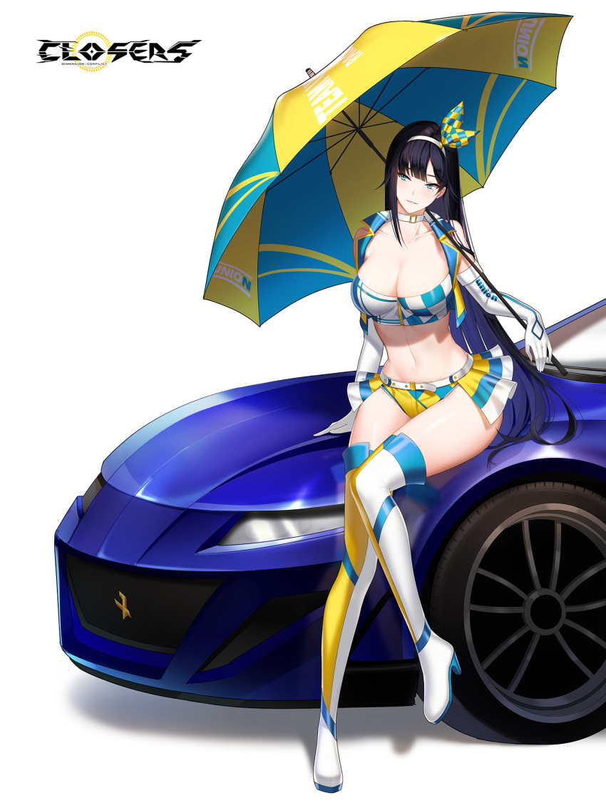 1girl alternate_color arm_support bare_shoulders belt black_hair boots breasts car choker cleavage closers collarbone crop_top cropped_vest elbow_gloves full_body gloves green_eyes hairband harpy_(closers) high_heel_boots high_heels highres holding holding_umbrella large_breasts long_hair looking_to_the_side midriff miniskirt motor_vehicle navel non-web_source official_art on_vehicle open_clothes parted_lips race_queen showgirl_skirt sitting sitting_on_car skirt sleeveless smile solo stomach thigh_boots thighhighs thighs umbrella very_long_hair vest