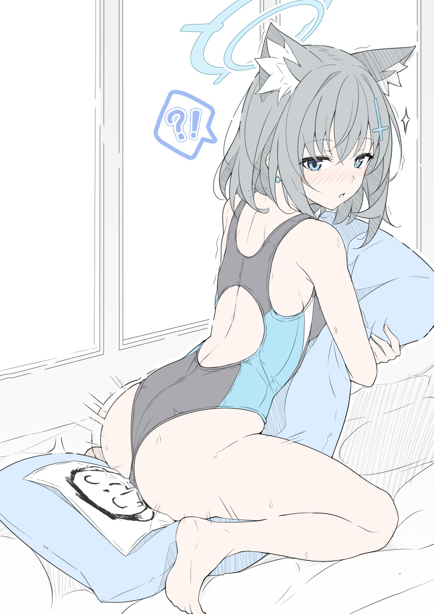 1girl absurdres animal_ear_fluff animal_ears aroused ass back barefoot black_one-piece_swimsuit blue_archive blue_eyes blue_halo blush breasts bright_pupils character_print closed_mouth commentary competition_swimsuit cross_hair_ornament curvy dakimakura_(object) doodle_sensei_(blue_archive) female_masturbation from_behind full_body grey_hair hair_ornament halo highleg highleg_swimsuit highres holding holding_pillow masabodo masturbation medium_breasts medium_hair mismatched_pupils motion_lines nose_blush official_alternate_costume one-piece_swimsuit pillow pillow_sex sensei_(blue_archive) shiroko_(blue_archive) shiroko_(swimsuit)_(blue_archive) soles solo sweat swimsuit symbol-only_commentary tiptoes toes tsurime white_pupils wolf_ears