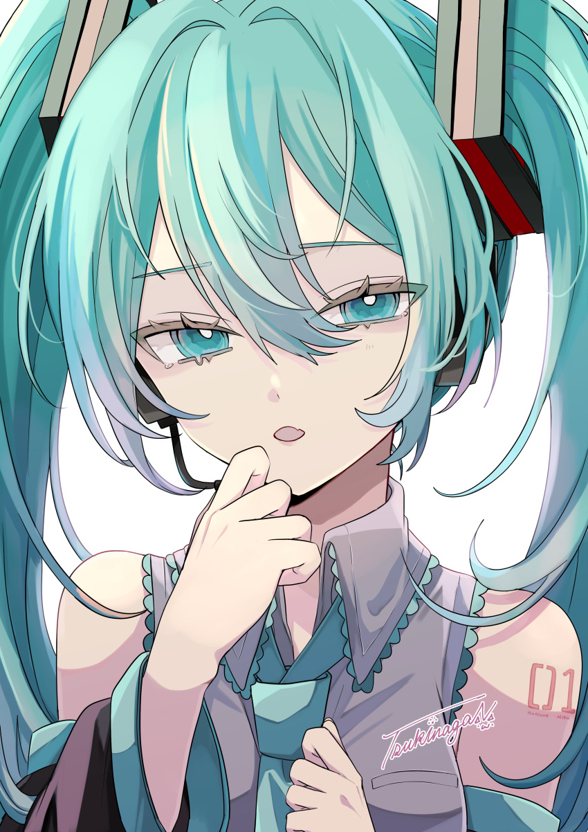 1girl :o absurdres bare_shoulders black_sleeves blue_eyes blue_hair blue_necktie collared_shirt detached_sleeves fang frilled_shirt frills grey_shirt hair_between_eyes hair_intakes hair_ornament hand_to_own_mouth hatsune_miku headset highres long_hair long_sleeves looking_at_viewer microphone naguno-0713 necktie number_tattoo open_mouth raised_eyebrows shirt sidelocks simple_background skin_fang sleeveless sleeveless_shirt solo tattoo twintails upper_body very_long_hair vocaloid white_background