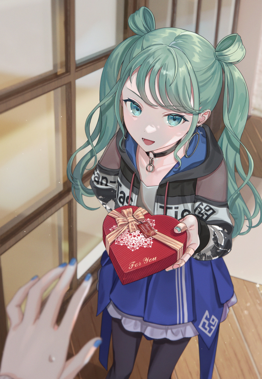 1girl absurdres bandaid bandaid_on_hand black_choker black_hoodie black_leggings blue_nails box choker collarbone double_bun drawstring english_text frilled_skirt frills green_eyes green_hair hair_bun hatsune_miku heart-shaped_box highres hood hoodie leggings looking_at_viewer o-ring o-ring_choker open_mouth pleated_skirt pov project_sekai ribbon shouji sidelocks skirt sliding_doors solo sweatdrop swept_bangs talking twintails valentine vivid_bad_squad_miku vocaloid vs0mr wooden_floor