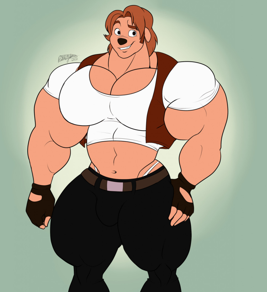 anthro belt biceps big_muscles big_pecs black_nose bottomwear brown_hair bulge canid canine canis chad_(a_goofy_movie) clothed clothing crop_top denim denim_bottomwear denim_clothing disney domestic_dog exposed_underwear fingerless_gloves gloves goof_troop grin hair handwear hi_res jeans light_body light_skin male mammal midriff muscular muscular_anthro muscular_male navel pants pecs quads ratchetjak shirt smile solo standing teeth thick_thighs thong tight_clothing topwear underwear vest white_clothing white_underwear
