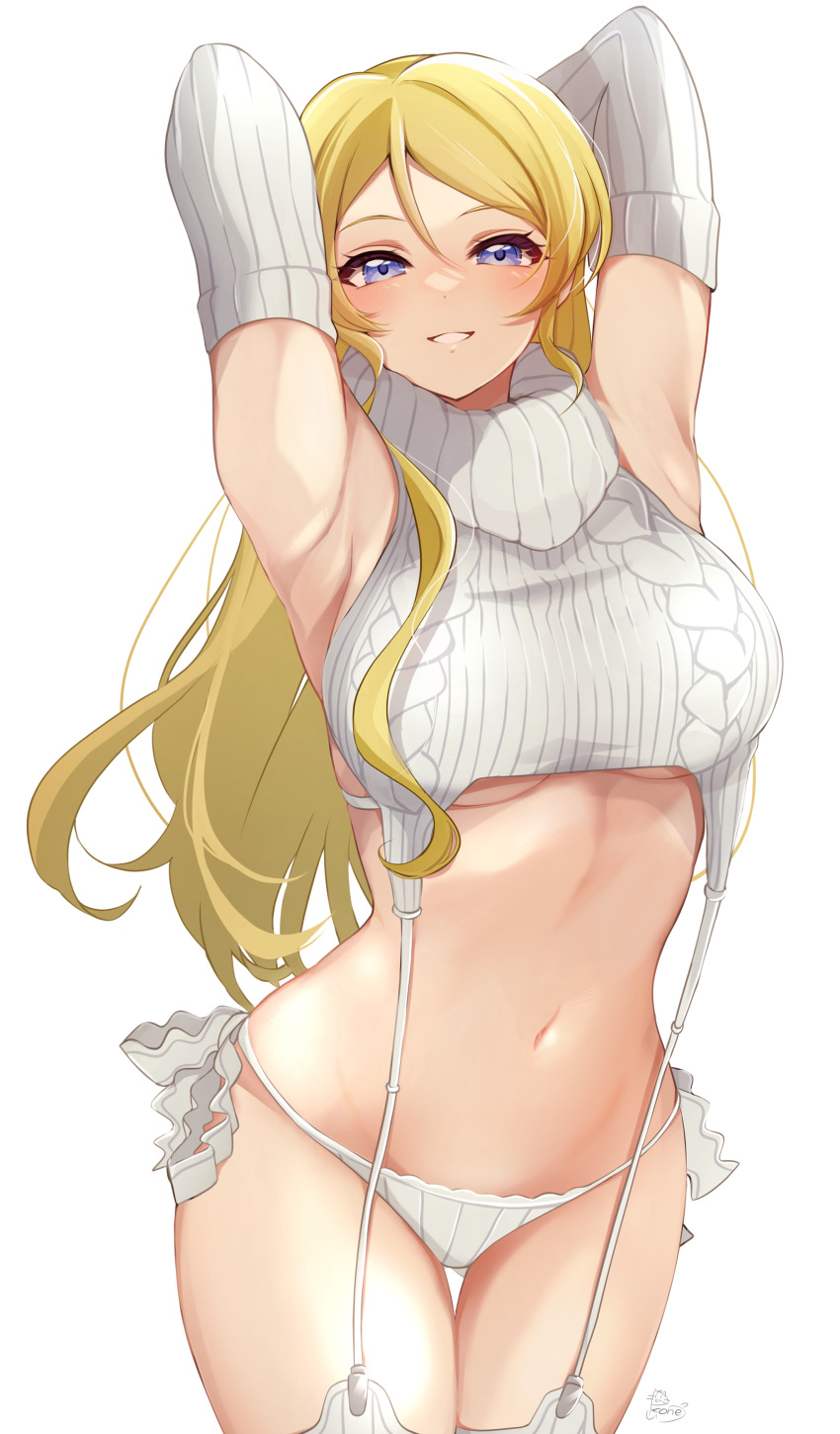 1girl absurdres armpits arms_behind_head arms_up ayase_eli blonde_hair blue_eyes cable_knit commentary_request cropped_sweater detached_sleeves garter_straps hair_down highres long_hair looking_at_viewer love_live! love_live!_school_idol_project meme_attire navel panties parted_lips pukonuu ribbed_panties ribbed_sleeves ribbed_sweater ribbed_thighhighs side-tie_panties sleeveless sleeveless_sweater sleeveless_turtleneck smile solo stomach sweater turtleneck turtleneck_sweater underwear virgin_destroyer_sweater white_background white_garter_straps white_panties white_sweater