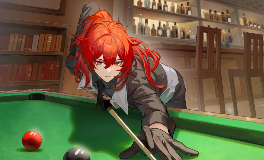 1boy absurdres ball bar_(place) billiard_ball billiards black_gloves black_necktie black_pants black_shirt bookshelf bottle chair closed_mouth commentary_request counter cowboy_shot cue_stick diluc_(genshin_impact) expressionless genshin_impact gloves hair_between_eyes highres holding holding_cue_stick indoors leaning_forward long_hair long_sleeves looking_at_viewer lowro_(en) male_focus necktie official_art pants ponytail pool_table red_eyes red_hair shelf shirt solo standing table vest white_vest