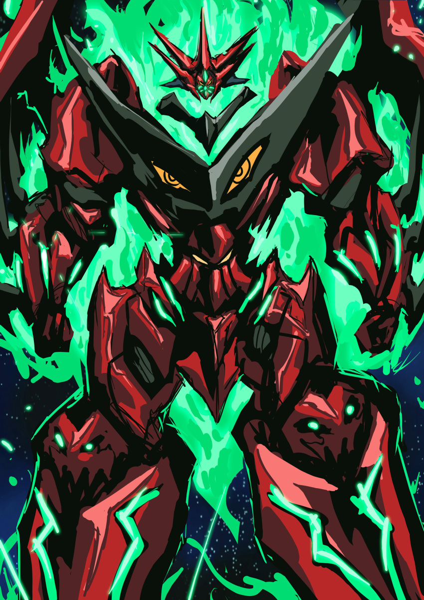 absurdres arm_blade armor aura crossover disembodied_head energy extra_eyes extra_faces facing_viewer fire fusion getter_emperor getter_rays getter_robo glowing green_fire green_light highres lectermurasaki light_particles mecha no_mouth portrait red_armor robot shin_getter_robo sketch space spiral_power super_robot tengen_toppa_gurren-lagann_(mecha) tengen_toppa_gurren_lagann weapon yellow_eyes