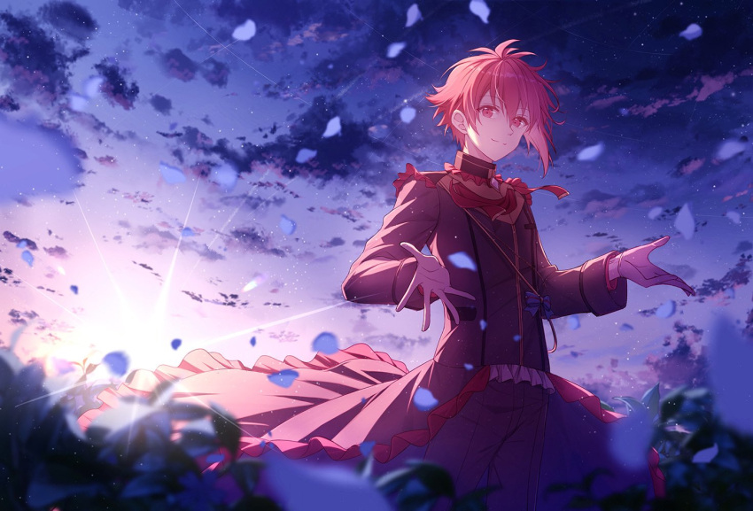 1boy ahoge brooch cang_(iphis233) cloud coat falling_petals idolish7 jewelry light_rays long_sleeves looking_at_viewer nanase_riku open_hands outdoors petals red_eyes red_hair short_hair sky smile sun sun_glare sunbeam sunlight