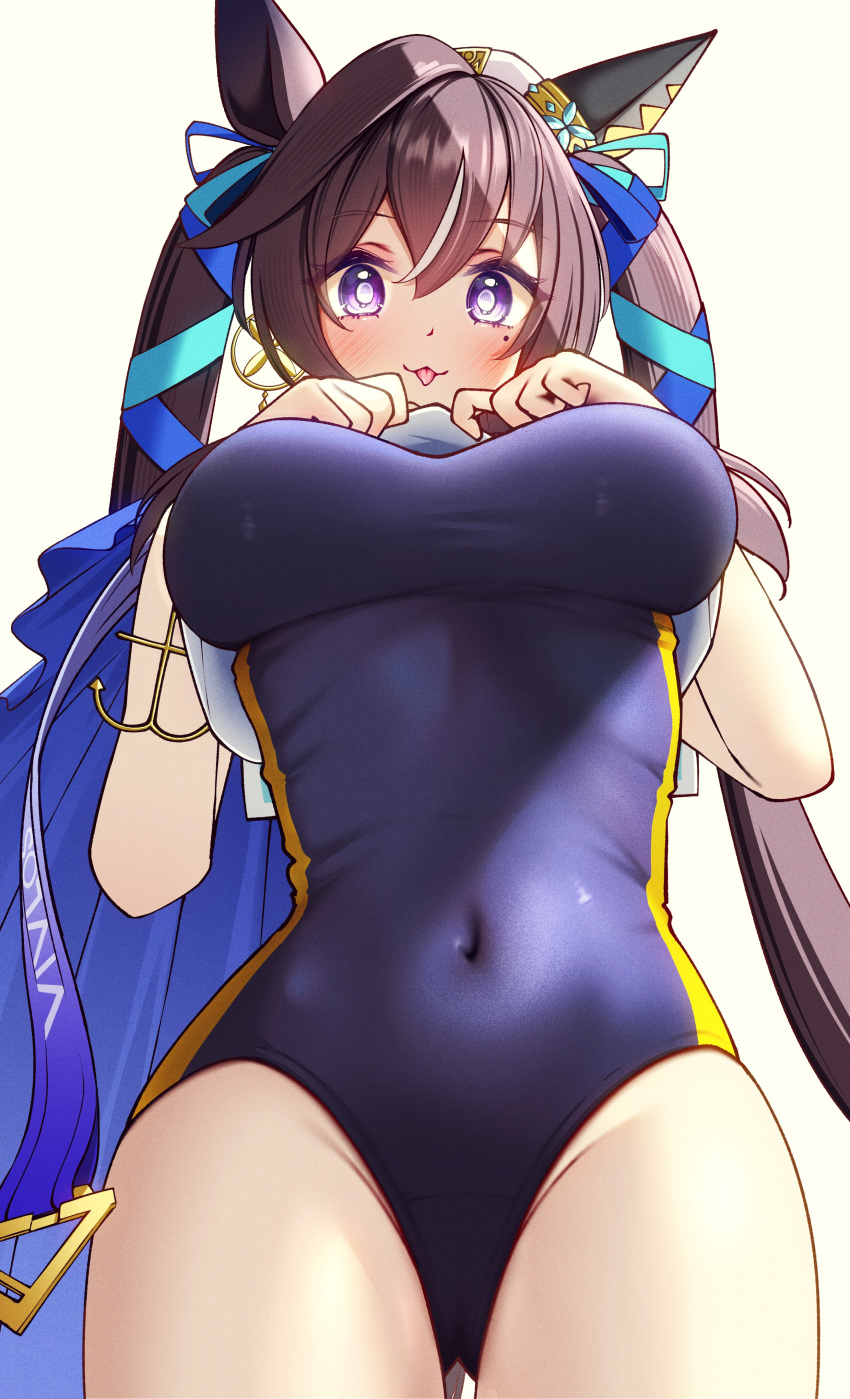 1girl absurdres animal_ears beret breasts brown_hair covered_navel groin hair_between_eyes hair_ornament hat highres horse_ears horse_girl horse_tail looking_at_viewer medium_breasts mole mole_under_eye ponta_(1859ysmssstsp) purple_eyes school_swimsuit solo swimsuit tail tongue tongue_out twintails umamusume vivlos_(umamusume) white_background