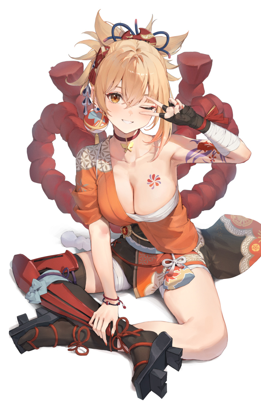 1girl arm_tattoo asymmetrical_legwear bandaged_arm bandaged_leg bandages black_footwear blonde_hair breasts butterfly_choker chest_sarashi chest_tattoo choker cleavage collarbone fingerless_gloves fish_tattoo flower_tattoo full_body genshin_impact geta gloves hadanugi_dousa hair_between_eyes highres indian_style japanese_clothes kimono kneehighs large_breasts leg_armor looking_at_viewer medium_hair one_eye_closed orange_kimono orange_nails parted_lips ponytail red_choker rope sarashi shimenawa single_fingerless_glove single_kneehigh single_sock single_thighhigh sitting smile socks solo tattoo thighhighs uneven_legwear v_over_eye watao white_background yellow_eyes yoimiya_(genshin_impact)