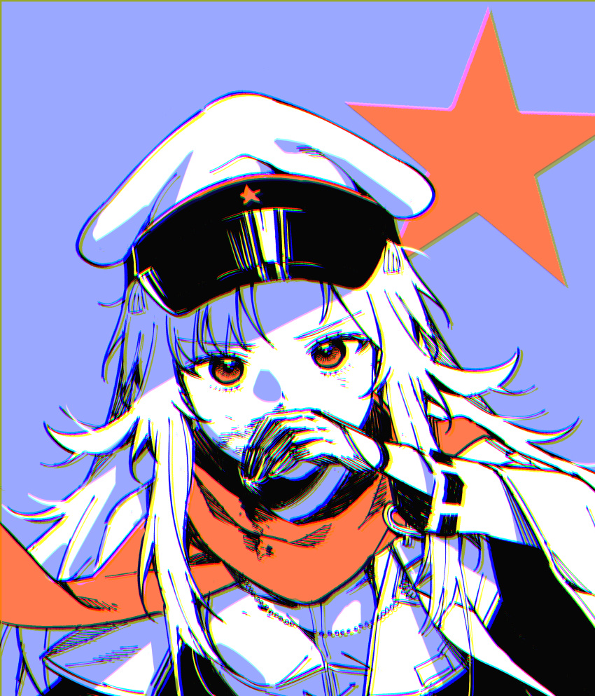 1girl absurdres blanchat blue_background commentary girls'_frontline gloves greyscale_with_colored_background hat highres long_hair long_sleeves looking_at_viewer makarov_(girls'_frontline) orange_eyes orange_scarf peaked_cap scarf simple_background solo spot_color upper_body