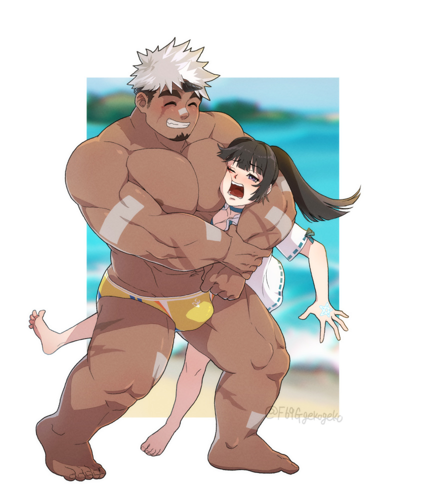 1boy 1girl akiha_gongen_(housamo) bandaid bandaid_on_face bandaid_on_nose bara dark-skinned_male dark_skin f69g face_to_pecs facial_hair forced full_body goatee grin hetero highres horns large_pectorals male_swimwear multicolored_hair muscular muscular_male official_alternate_costume pectorals protagonist_2_(housamo) scar scar_on_cheek scar_on_face single_horn smile standing swim_briefs thick_eyebrows tokyo_afterschool_summoners two-tone_hair white_hair yellow_male_swimwear