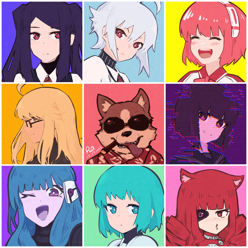 1other 6+girls :d absurdres ahoge alma_armas anna_graem black-framed_eyewear black_hair black_sailor_collar blonde_hair blue_eyes blue_hair blush bob_cut cigar closed_eyes closed_mouth collared_shirt dana_zane dated dog dorothy_haze dot_nose eyepatch frown furry glasses glitch hairband hawaiian_shirt highres jill_stingray kira_miki looking_at_viewer mouth_hold multiple_girls necktie nose_blush one_eye_closed open_mouth parted_bangs profile puckered_lips purple_eyes rad_shiba red_eyes red_hair red_necktie red_shirt rnna sailor_collar sei_asagiri shirt short_hair sidelocks signature smile stella_hoshii sunglasses teeth tongue tongue_out twintails upper_teeth_only va-11_hall-a white_hair white_hairband yellow_eyes