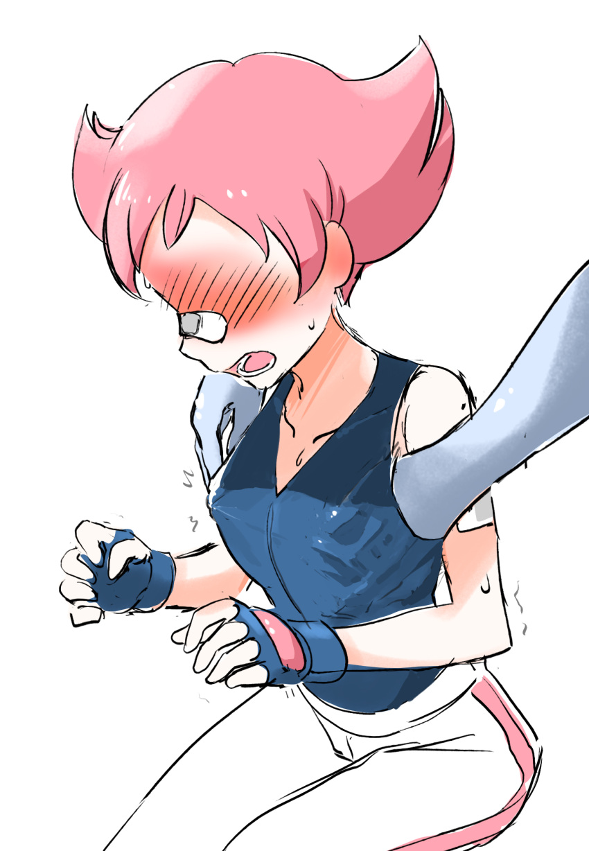 1boy 1girl bandaid bandaid_on_arm bandaid_on_face bandaid_on_nose blue_bodysuit blue_gloves blush bodysuit bodysuit_under_clothes colored_skin commentary_request fingerless_gloves gloves grey_skin hand_under_clothes hetero highres lower_teeth_only maylene_(pokemon) nipple_stimulation nipple_tweak no_eyes open_mouth pants pink_hair pokemon pokemon_dppt sweat teeth tongue trembling u4_99384295 white_background white_pants