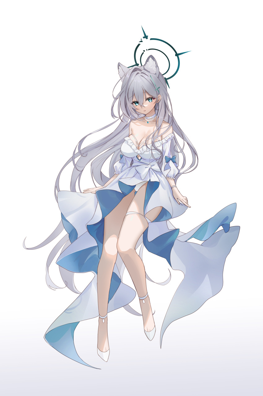 1girl absurdres animal_ear_fluff animal_ears ash_(cat7evy) blue_archive blue_eyes breasts choker cleavage cross_hair_ornament dark_halo dress extra_ears full_body grey_hair hair_between_eyes hair_ornament halo highres jewelry large_breasts long_hair necklace open_mouth shiroko_(blue_archive) shiroko_terror_(blue_archive) shoes simple_background sleeves_past_elbows solo thigh_strap white_background wolf_ears