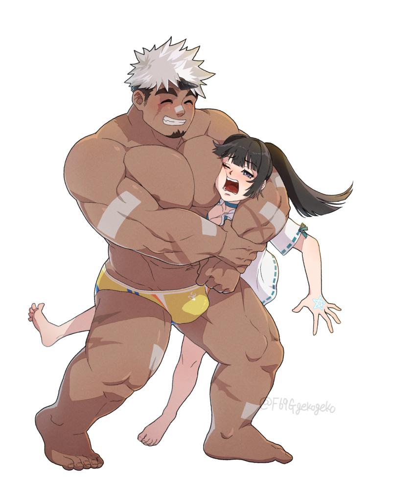 1boy 1girl akiha_gongen_(housamo) bandaid bandaid_on_face bandaid_on_nose bara dark-skinned_male dark_skin f69g face_to_pecs facial_hair forced full_body goatee grin hetero highres horns large_pectorals male_swimwear multicolored_hair muscular muscular_male official_alternate_costume pectorals protagonist_2_(housamo) scar scar_on_cheek scar_on_face single_horn smile standing swim_briefs thick_eyebrows tokyo_afterschool_summoners two-tone_hair white_background white_hair yellow_male_swimwear