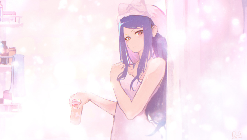 1girl absurdres bare_shoulders bathroom beer_can blush can closed_mouth collarbone colored_inner_hair cowboy_shot drink_can frown furrowed_brow hand_on_own_chest highres holding holding_can jill_stingray looking_at_viewer multicolored_hair naked_towel parted_bangs pink_hair purple_hair rnna shower_curtain solo straight_hair towel towel_on_head va-11_hall-a