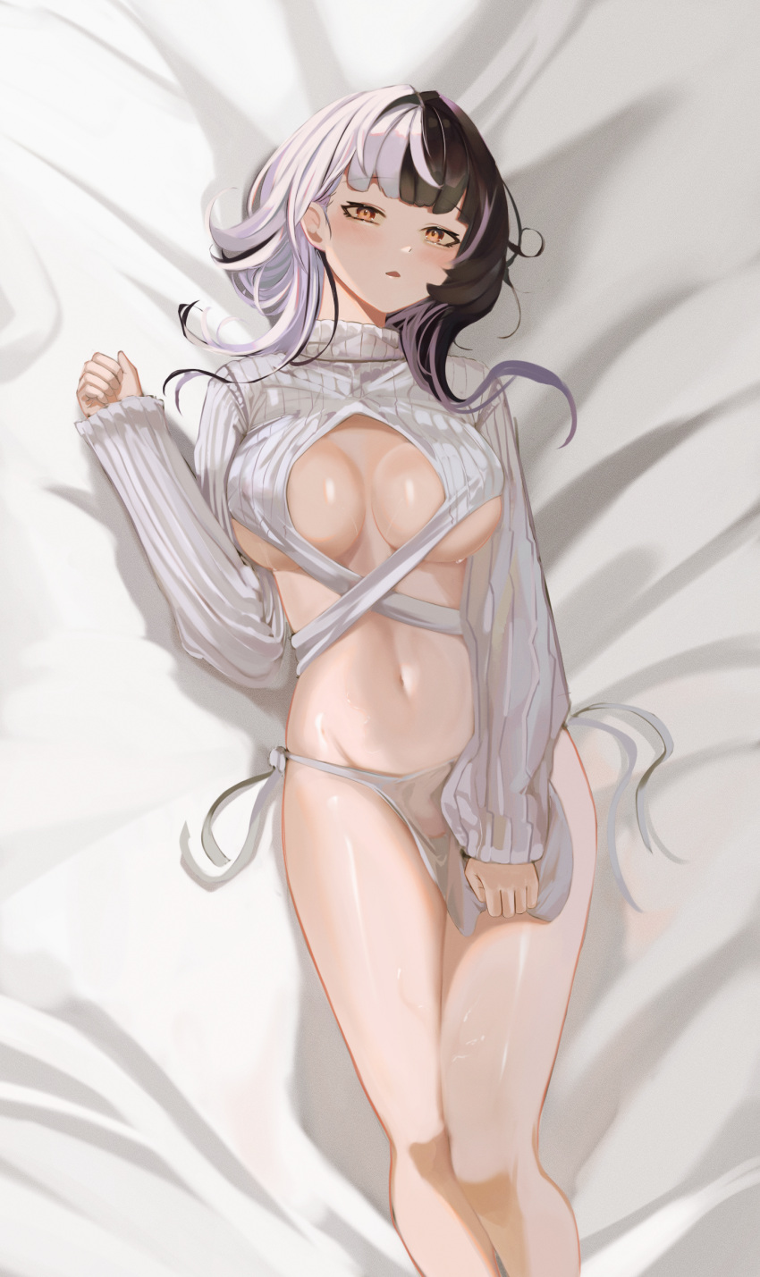 1girl absurdres bed_sheet black_hair breasts commentary_request dizzen feet_out_of_frame groin hand_up highres hololive hololive_english large_breasts long_hair long_sleeves looking_at_viewer lying midriff multicolored_hair navel on_back parted_lips revealing_clothes shiori_novella solo split-color_hair stomach thighs white_hair