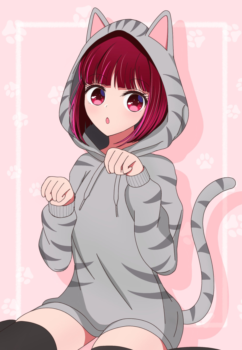 1girl absurdres animal_ears animal_hood arima_kana black_thighhighs cat_ears cat_hood cat_tail commentary grey_hoodie hair_between_eyes highres hood hood_up hoodie long_sleeves nm_(blue-rapid) open_mouth oshi_no_ko red_eyes red_hair short_hair solo tail thighhighs