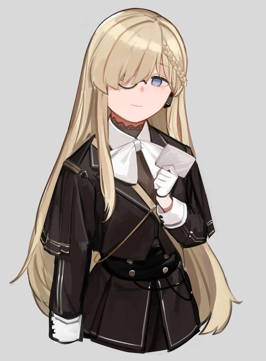 1girl black_jacket blonde_hair blue_eyes braid closed_mouth cropped_torso cz52_(girls'_frontline) french_braid girls'_frontline gloves grey_background hair_over_eyes highres holding holding_paper jacket long_hair long_sleeves monocle one_eye_covered paper rampart1028 sleeve_cuffs smile solo white_gloves