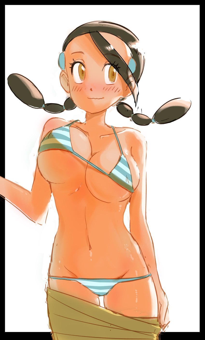 1girl absurdres alternate_costume bikini black_hair blush breasts brown_eyes candice_(pokemon) closed_mouth collarbone commentary_request cowboy_shot eyelashes hair_ornament hairclip highres large_breasts long_hair multi-tied_hair navel nervous pokemon pokemon_dppt pulled_by_self smile solo striped_bikini striped_clothes swimsuit twintails u4_99384295 white_background
