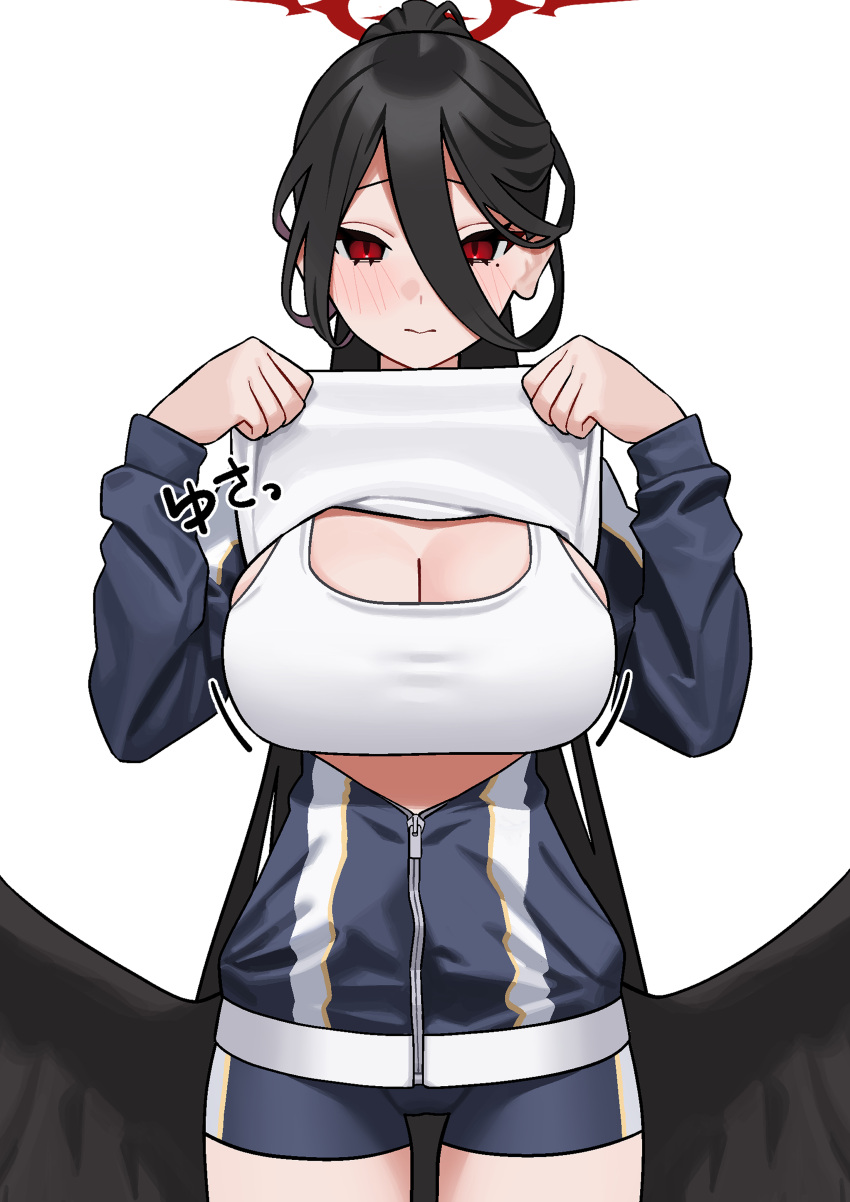 1girl absurdres black_hair blue_archive blush breasts cleavage closed_mouth clothes_lift cropped_jacket fffukuzawa halo hasumi_(blue_archive) hasumi_(track)_(blue_archive) highres jacket large_breasts lifted_by_self long_hair looking_at_viewer open_clothes open_jacket red_eyes shirt_lift shorts simple_background smile solo standing track_suit white_background