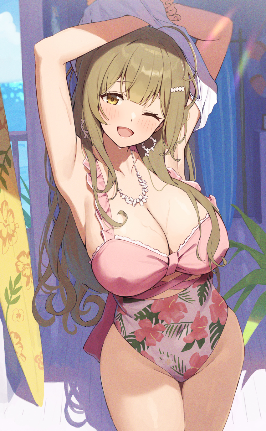 1girl ;d absurdres ahoge armpits arms_up blush breasts brown_eyes brown_hair casual_one-piece_swimsuit cleavage collarbone cowboy_shot day earrings floral_print frilled_one-piece_swimsuit frills groin hair_ornament highres idolmaster idolmaster_shiny_colors jewelry kuwayama_chiyuki large_breasts legs_together long_hair looking_at_viewer necklace one-piece_swimsuit one_eye_closed open_mouth outdoors pink_one-piece_swimsuit smile solo standing sunlight swimsuit thighs undressing wanimaru