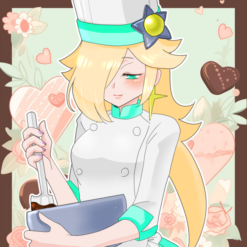 1girl akira_(cute_camellia) blonde_hair blue_eyes bowl candy chef_hat chocolate chocolate_making closed_mouth earrings flower food hair_over_one_eye hat heart heart-shaped_chocolate holding holding_bowl jewelry long_bangs long_hair looking_down mario_(series) mario_kart mario_kart_tour mixing_bowl official_alternate_costume purple_nails rosalina rosalina_(chef) sleeves_past_elbows solo star_(symbol) star_earrings upper_body white_headwear