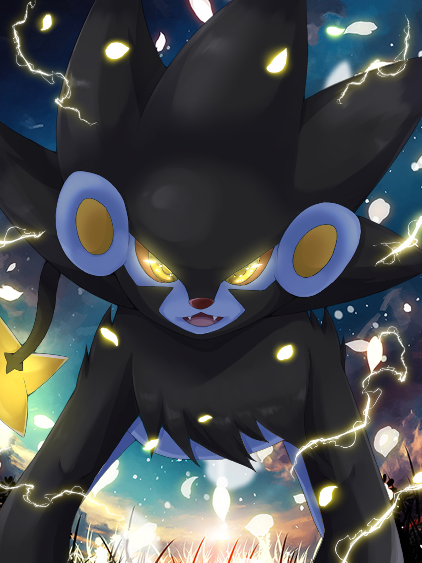 cloud colored_sclera commentary_request electricity fangs glowing glowing_eyes highres looking_at_viewer luxray no_humans open_mouth orange_sclera outdoors pokemon pokemon_(creature) seiya_(snxmari) sky solo standing yellow_eyes yellow_pupils