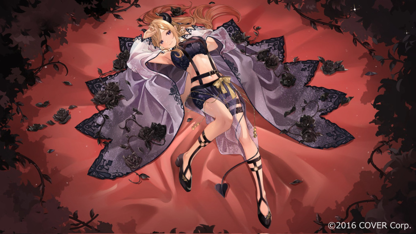 alternate_costume arched_back armpits arms_up bed_sheet belt black_flower black_rose blonde_hair bow boxers bra closed_mouth demon_tail dress flower gold_bow gradient_hair hand_on_own_face harness highres hololive knee_up lace-trimmed_bra lace_trim leaf light_smile lingerie long_hair looking_at_viewer lying male_underwear midriff multicolored_hair o-ring o-ring_legwear official_art on_back petals purple_eyes red_hair red_sheet rose rose_petals see-through see-through_dress shunka_tunacan tail thigh_belt thigh_strap underwear yuzuki_choco