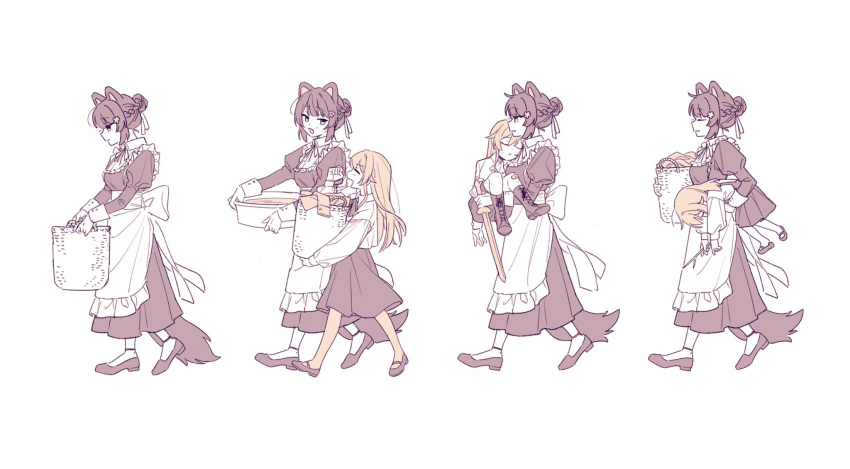 2girls animal_ears basket dog_ears dog_girl furen_e_lustario hair_bun highres inui_toko maid matsugi_zuntaro multiple_girls multiple_views nijisanji