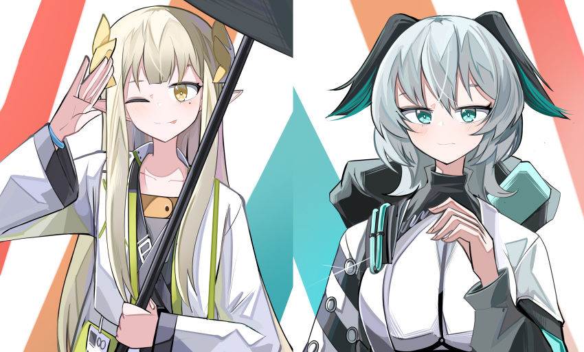 2girls ;p arknights arm_up black_wings blue_eyes blue_wings blush breasts brown_hair closed_mouth eyebrows_hidden_by_hair feathered_wings grey_hair grey_shirt hair_between_eyes head_wings highres ho'olheyak_(arknights) jacket large_breasts long_sleeves looking_at_viewer mole mole_under_eye muelsyse_(arknights) multiple_girls one_eye_closed open_clothes open_jacket pointy_ears puffy_long_sleeves puffy_sleeves shirt smile spam_(spamham4506) tongue tongue_out upper_body white_jacket white_shirt wings yellow_eyes