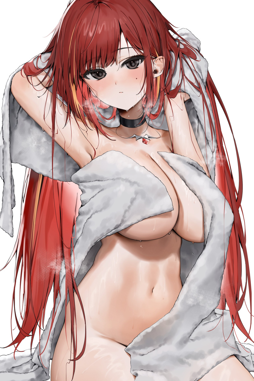 1girl absurdres akane_lize armpit_crease arms_up black_choker brown_eyes choker closed_mouth commission highres long_hair looking_at_viewer mole mole_under_eye naked_towel navel poharo red_hair simple_background solo stellive towel virtual_youtuber wet white_background